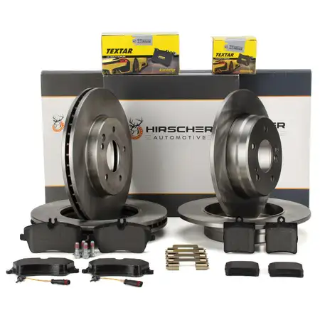 HIRSCHER Bremsscheiben + TEXTAR Bremsbel&auml;ge + Sensor f&uuml;r MERCEDES W203 C209 vorne + hinten