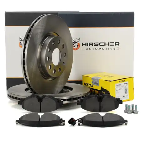 HIRSCHER Bremsscheiben + TEXTAR Bel&auml;ge + Sensor f&uuml;r VW Golf 7 8 Passat B8 AUDI 8V 8Y vorne