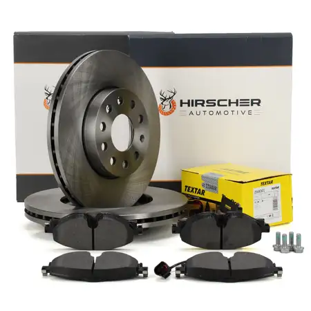 HIRSCHER Bremsscheiben + TEXTAR Bel&auml;ge + Sensor f&uuml;r VW Golf 7 T-Roc AUDI A3 8V 8Y Q2 vorne