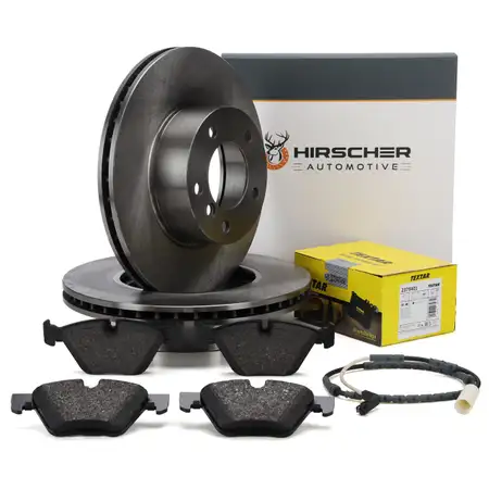HIRSCHER Bremsscheiben + TEXTAR Bremsbel&auml;ge + Sensor f&uuml;r BMW 3er E90 325i 325xi vorne