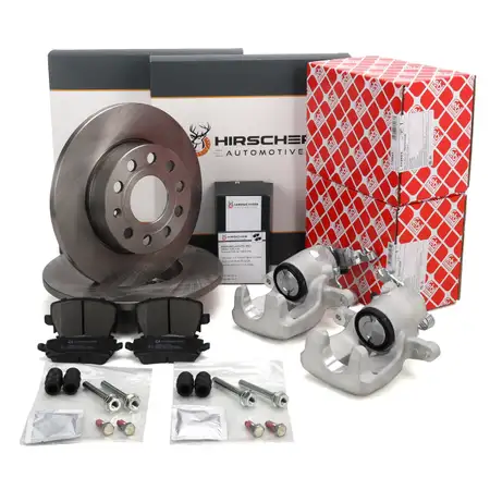HIRSCHER Bremsscheiben + Bel&auml;ge + 2x febi Bremssattel f&uuml;r VW Golf 5 6 A3 Touran 8P hinten