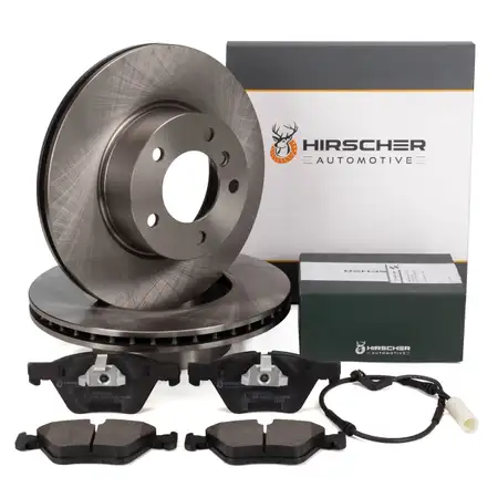 HIRSCHER Bremsscheiben + Bremsbel&auml;ge + Sensor f&uuml;r BMW E81 E87 E88 E90 bis 03.2010 vorne