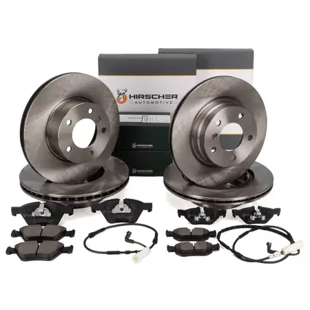 HIRSCHER Bremsscheiben + Bel&auml;ge + Sensor f&uuml;r BMW E81 E87 E90 bis 02.2010 vorne + hinten