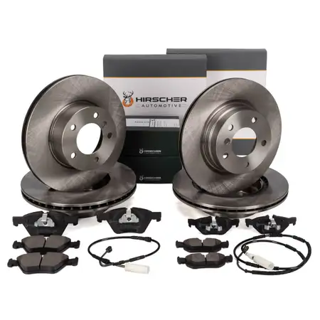 HIRSCHER Bremsscheiben + Bel&auml;ge + Sensor f&uuml;r BMW E81 E87 E90 E91 ab 03.2010 vorne + hinten