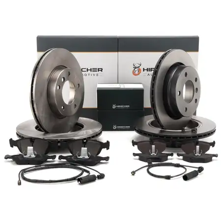 HIRSCHER Bremsscheiben + Bel&auml;ge + Sensor f&uuml;r BMW 3er E46 316-323i 318d 320d vorne + hinten