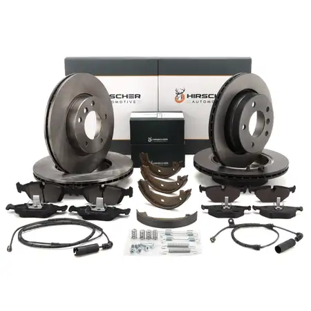 HIRSCHER Bremsscheiben + Bel&auml;ge + Sensor + Bremsbacken f&uuml;r BMW 3er 316-323i vorne + hinten