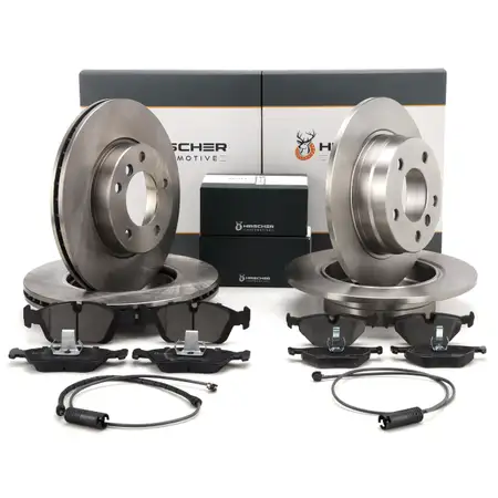 HIRSCHER Bremsscheiben + Bel&auml;ge + Sensor f&uuml;r BMW 3er E36 318-325i 325td/tds vorne + hinten