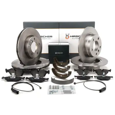 HIRSCHER Bremsscheiben + Bel&auml;ge + Sensor + Bremsbacken f&uuml;r BMW 3er 318-325i vorne + hinten