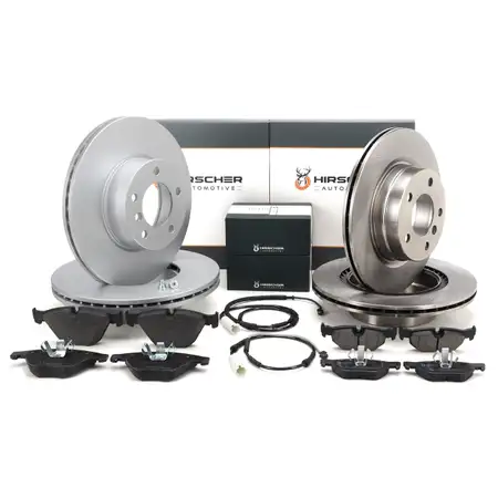 HIRSCHER Bremsscheiben + Bel&auml;ge + Sensor f&uuml;r BMW 325i 320d 03.10-04.11 vorne + hinten