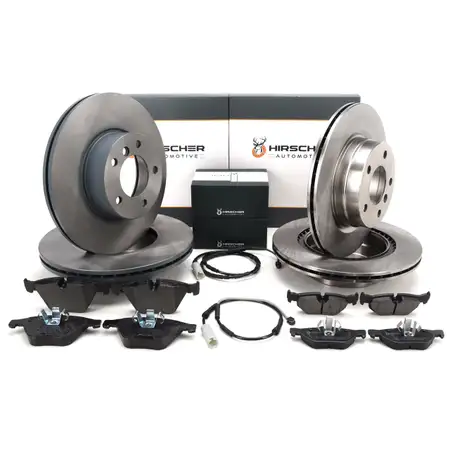 HIRSCHER Bremsscheiben + Bel&auml;ge + Sensor f&uuml;r BMW E90-93 325i 320d 04.2011 vorne + hinten