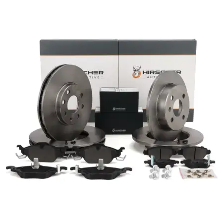 HIRSCHER Bremsscheiben + Bel&auml;ge f&uuml;r OPEL Astra G ohne ABS 4-Loch BOSCH vorne + hinten
