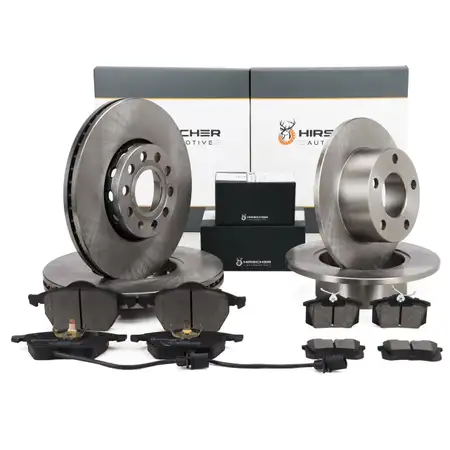 HIRSCHER Bremsscheiben Bel&auml;ge Sensor f&uuml;r VW Passat B5 AUDI SKODA Superb 1 vorne + hintem