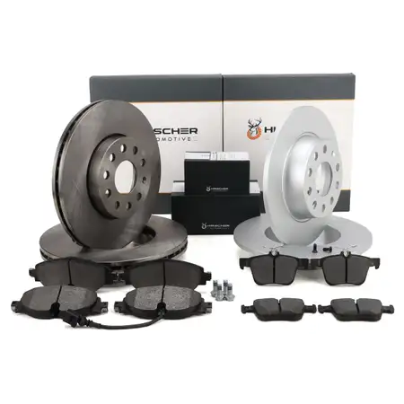 HIRSCHER Bremsscheiben + Bel&auml;ge + Sensor f&uuml;r VW Golf 7 A3 8V Leon 5F Karoq vorne + hinten