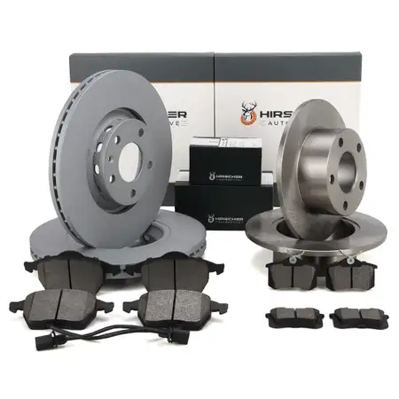 HIRSCHER Bremsscheiben + Bel&auml;ge + Sensor f&uuml;r AUDI A6 Fgst. SKODA Superb 1 vorne + hinten
