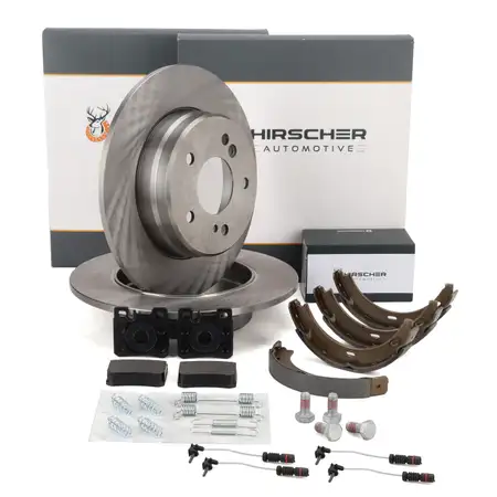 HIRSCHER Bremsscheiben + Bel&auml;ge + Sensor + Backen f&uuml;r MERCEDES W202 W124 W120 R170 hinten