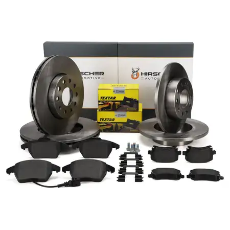 HIRSCHER Bremsscheiben + TEXTAR Bel&auml;ge + Sensor f&uuml;r VW Golf 6 Caddy 3 vorne + hinten