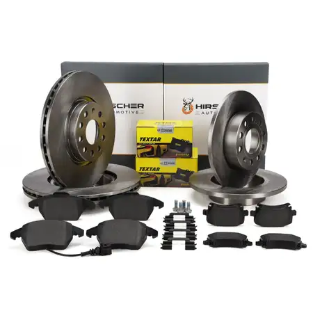 HIRSCHER Bremsscheiben + TEXTAR Bel&auml;ge + Sensor f&uuml;r VW Golf 5 Caddy 3 vorne + hinten