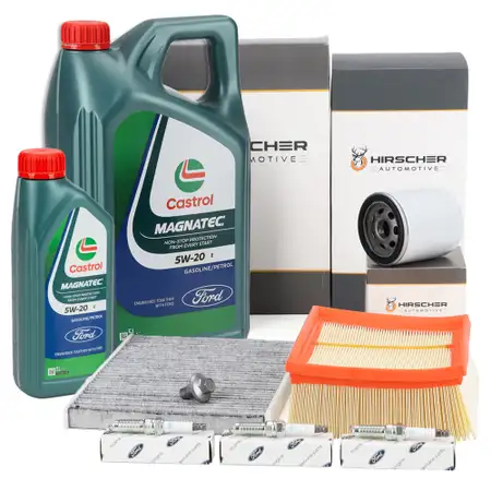 HIRSCHER Filter Set: 3 Original Spark Plugs and 6L CASTROL 5W20 Engine Oil for FORD 6 1.0 EcoBoost