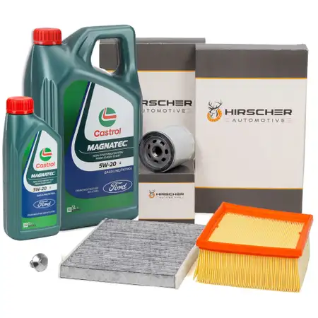 HIRSCHER Filterset + 6L CASTROL 5W20 Motor&ouml;l f&uuml;r FORD Fiesta 6 B-Max EcoSport 1.0 EcoBoost