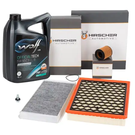 HIRSCHER Filterset + 5L WOLF 5W30 Motor&ouml;l f&uuml;r OPEL Signum Vectra C 2.0 Turbo 2.2