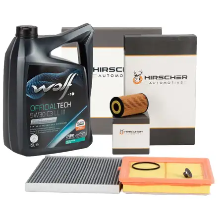 HIRSCHER Filterset + 5L WOLF 5W30 C3 LL III Motor&ouml;l f&uuml;r OPEL Adam 1.2 1.4 / S 69-150 PS