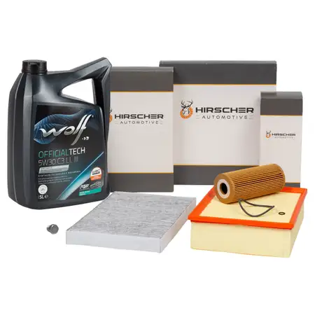 HIRSCHER Filterset 3-tlg + 5L WOLF 5W30 C3 LL III Motor&ouml;l f&uuml;r AUDI A4 8E B6 B7 1.9/2.0 TDI