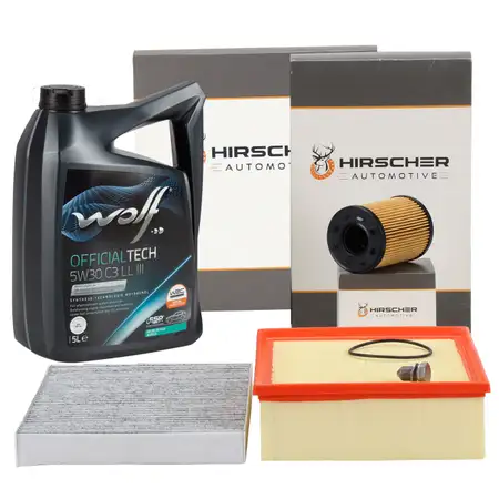 HIRSCHER Filterset 3-tlg + 5L WOLF 5W30 Motor&ouml;l f&uuml;r AUDI A4 8E B7 SEAT Exeo 3R 2.0 TDI