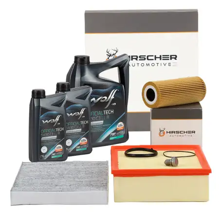 HIRSCHER Filterset + 7L WOLF 5W30 Motor&ouml;l f&uuml;r AUDI A4 8E B7 3.2 FSI 255 PS bis Fgst.