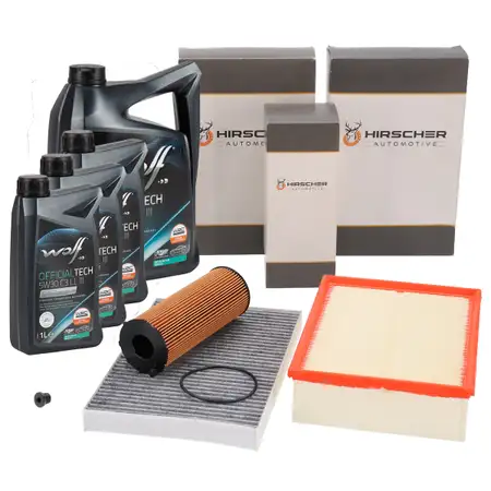 HIRSCHER Filterset 3-tlg + 8L WOLF 5W30 C3 LL III Motor&ouml;l f&uuml;r AUDI A4 8E B7 2.7/3.0 TDI