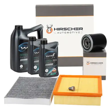 HIRSCHER Filterset 3-tlg + 7L WOLF 5W30 Motor&ouml;l f&uuml;r AUDI A6 C5 2.4 2.7 2.8 3.0 ab 07.1999