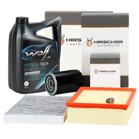 HIRSCHER Filterset 3-tlg + 5L WOLF 5W30 Motor&ouml;l f&uuml;r AUDI A4 B6 B7 SEAT Exeo 1.8 T