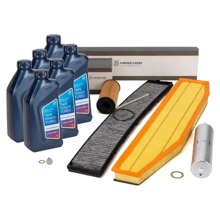 HIRSCHER Filterset 4-tlg + 6L ORIGINAL 5W30 Motor&ouml;l f&uuml;r BMW X3 E83 2.0sd xDrive18d/20d N47