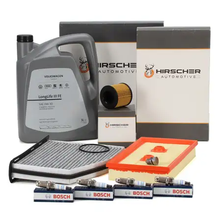HIRSCHER Filterset + 4x BOSCH Z&uuml;ndkerze + 5L ORIGINAL 0W30 Motor&ouml;l f&uuml;r VW Golf 5 1.6 FSI
