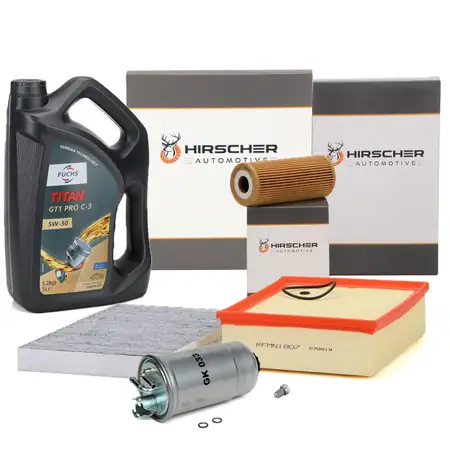 HIRSCHER Filterset 4-tlg + 5L FUCHS 5W30 Motor&ouml;l f&uuml;r AUDI A4 B6 B7 1.9/2.0 TDI 101-140 PS
