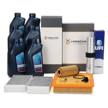 HIRSCHER Filterset 4-tlg + 6L ORIGINAL 5W30 Motor&ouml;l f&uuml;r BMW F45 F46 214-220d X1 B37 B47