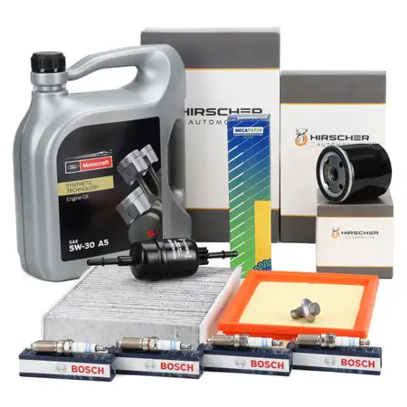 HIRSCHER Filterset 4-tlg + 4x BOSCH Z&uuml;ndkerze 5L ORIGINAL 5W30 f&uuml;r FORD 5 1.25/1.4/1.6