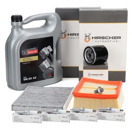 HIRSCHER Filterset + 4x ORIGINAL Z&uuml;ndkerze + 5L 5W30 A5 Motor&ouml;l f&uuml;r FORD 6 1.6 ST/200