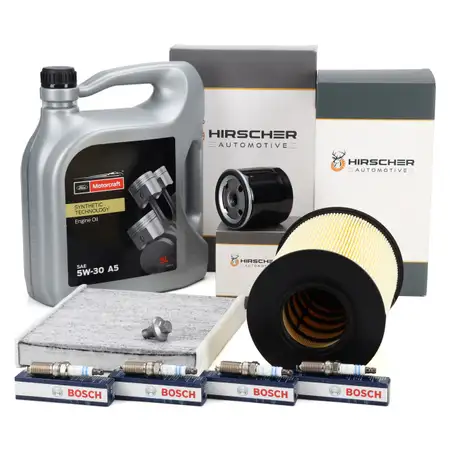 HIRSCHER Filterset 4x BOSCH Z&uuml;ndkerze 5L ORIGINAL 5W30 A5 f&uuml;r FORD 2 1.4 1.6 2007-2008
