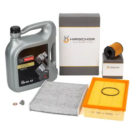 HIRSCHER Filterset 3-tlg + 5L ORIGINAL 5W30 A5 Motor&ouml;l f&uuml;r FORD 2 1.6 TDCi bis 03.2007