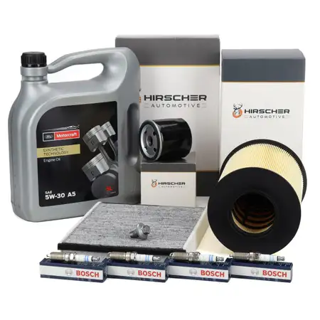 HIRSCHER Filterset + 4x BOSCH Z&uuml;ndkerze + ORIGINAL 5L 5W30 Motor&ouml;l f&uuml;r FORD Focus 3 1.6 Ti