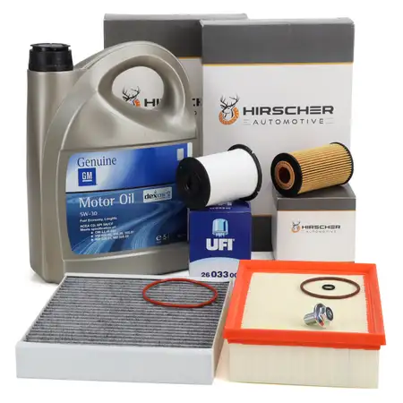 HIRSCHER Filterset 4-tlg + 5L ORIGINAL 5W30 dexos2 f&uuml;r OPEL Mokka/10 J13 1.6 CDTi ab Fgst.