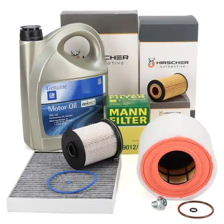 HIRSCHER Filterset 4-tlg + 5L ORIGINAL 5W30 dexos1 Gen3 Motor&ouml;l f&uuml;r OPEL Astra K 1.6 CDTi