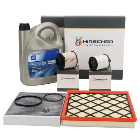 HIRSCHER Filterset 4-tlg + 5L ORIGINAL 5W30 dexos2 Motor&ouml;l f&uuml;r OPEL Astra J 1.3 CDTi 95 PS