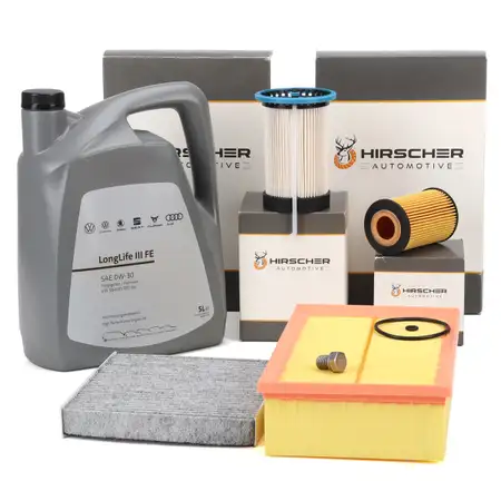 HIRSCHER Filterset 4-tlg + 5L ORIGINAL 0W30 Motor&ouml;l f&uuml;r VW Golf 7 Passat B8 8V 1.6/2.0 TDI
