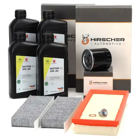 HIRSCHER Filterset + 4L ORIGINAL 0W-20 Motor&ouml;l f&uuml;r OPEL Corsa F Mokka 1.2 Turbo 101-136 PS