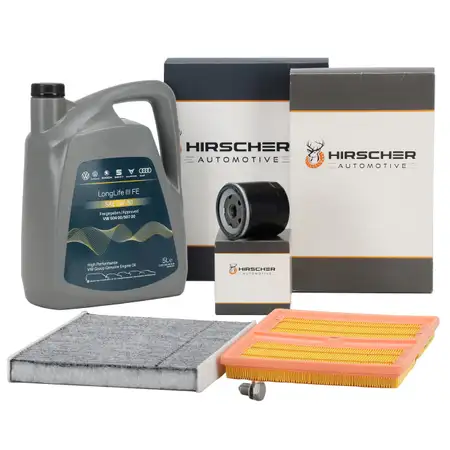 HIRSCHER Filter Set + 5L ORIGINAL 0W30 Engine Oil for VW Golf 7, T-Roc, Touran, and Audi 8V 1.0 TSI