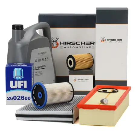 HIRSCHER Filterset 4-tlg + 5L ORIGINAL 0W30 Motor&ouml;l f&uuml;r VW Passat B7 Tiguan 5N 1.6/2.0 TDI