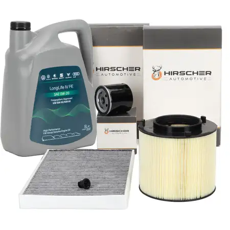 HIRSCHER Filterset + 5L ORIGINAL 0W20 Motor&ouml;l f&uuml;r AUDI A4 8W B9 A5 F5 1.4 TFSI 150 PS