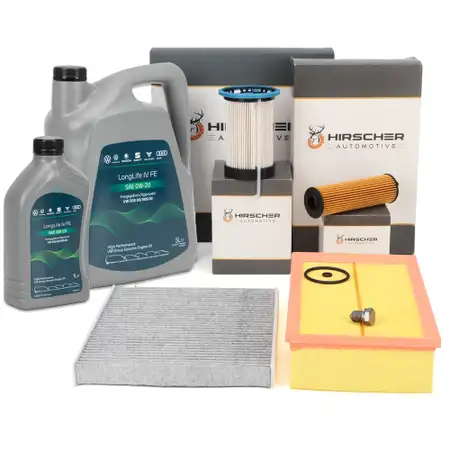 HIRSCHER Filterset 4-tlg + 6L ORIGINAL 0W20 Motor&ouml;l f&uuml;r VW Golf 8 Passat B8 Tiguan 2.0 TDI