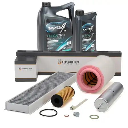 HIRSCHER Filterset 4-tlg + 6L WOLF 0W30 Motor&ouml;l f&uuml;r MINI R60 R61 One D / Cooper D / SD N47